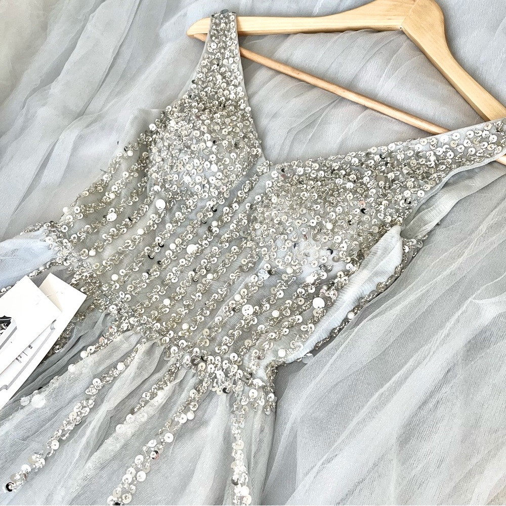 LIGHT GRAY SEQUENCES AND BEADS TULLE DRESS PROM DRESS